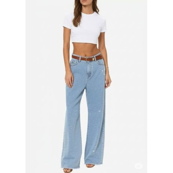 White Fox Light Blue Raw Hem Wide Leg Denim Jeans Size Medium - Picture 3 of 13
